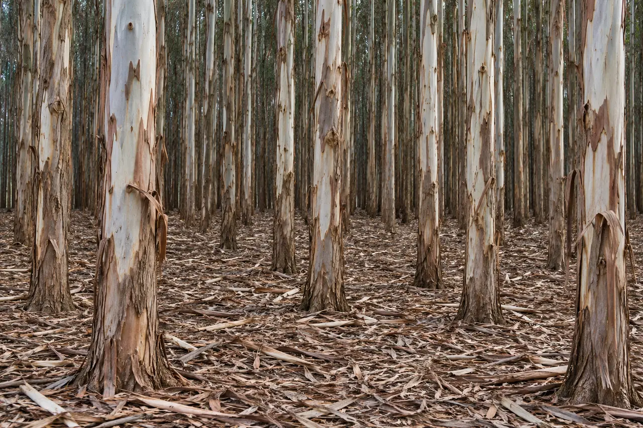 Illustrative close view among the trunks of a eucalyptus plantation
