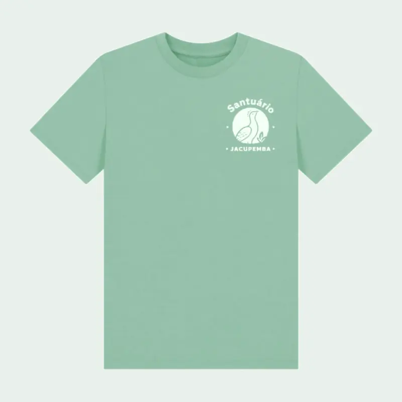 Camiseta infantil verde-menta de algodão orgânico com o símbolo do pássaro do Santuário Jacupemba