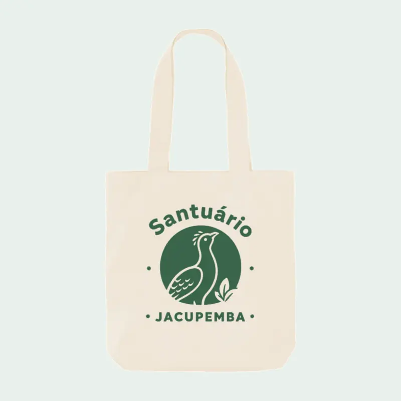Ecobag de algodão orgânico natural com o desenho verde do pássaro do Santuário Jacupemba